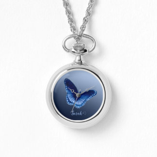 Personlig Blue Butterfly Necklace Watch Armbandsur