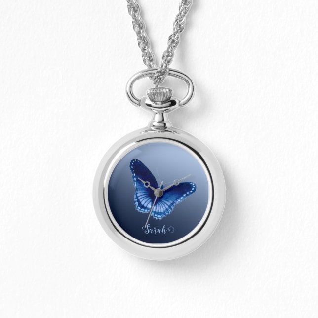 Personlig Blue Butterfly Necklace Watch Armbandsur (Framsida)