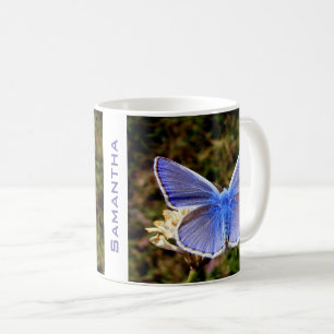 Personlig Blue Butterfly on White Flower Kaffemugg