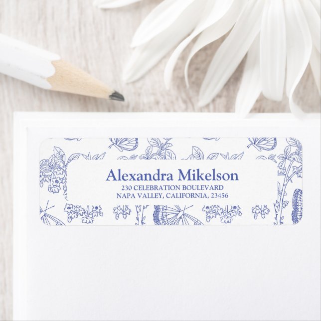 Personlig Blue Chinoiserie Blommigt Möhippa Returadress Etikett (Insitu)