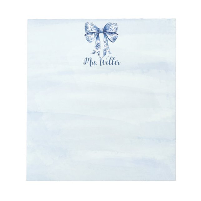 Personlig Blue Coquette Bow New Teacher Anteckningsblock (Framsida)