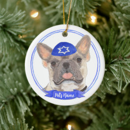 Personlig Blue Fawn Tricolor Frenchie Hanukkah Julgransprydnad Keramik