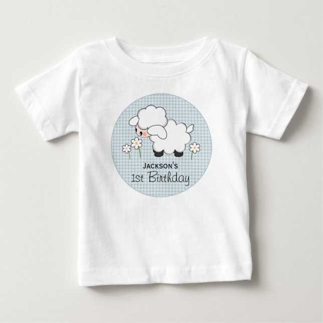Personlig Blue Gingham Lamb födelsedag Tee (Framsida)