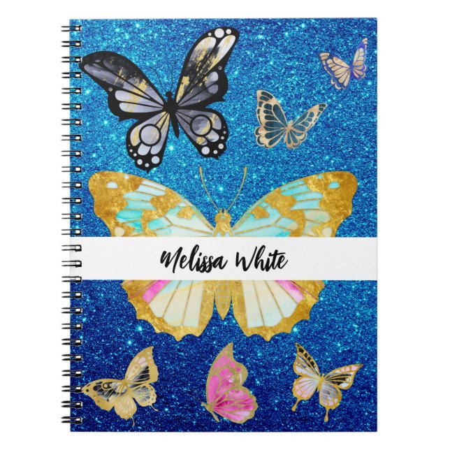 Personlig Blue Glitter Butterfly Anteckningsbok (Framsidan)