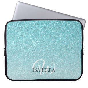 Personlig Blue Glitter Ombre Namn Monogram Laptop Fodral