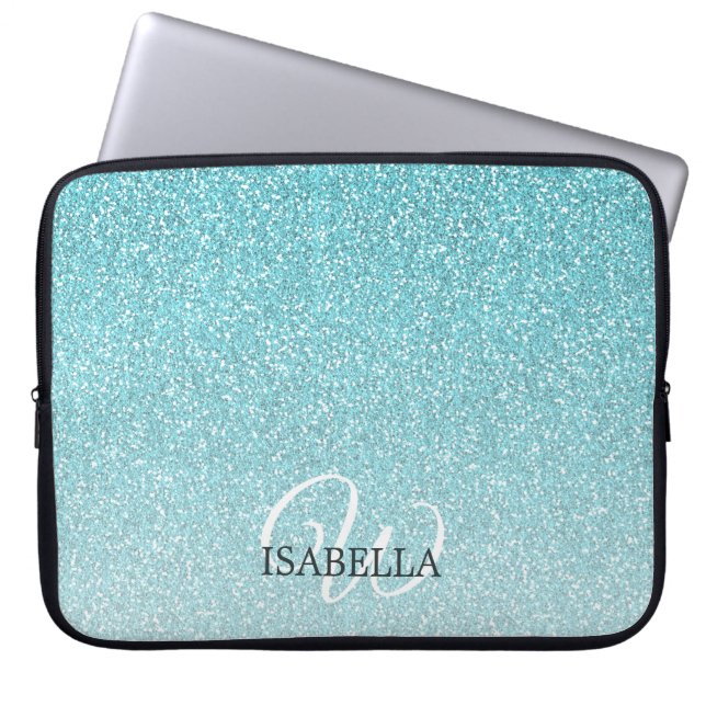 Personlig Blue Glitter Ombre Namn Monogram Laptop Fodral (Framsidan)