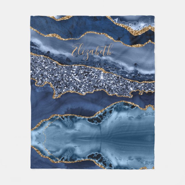 Personlig Blue Gold Glitter Agate Marble Trendig  Fleecefilt (Framsidan)
