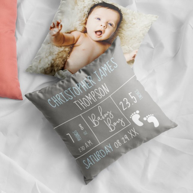 Personlig Blue Grått Birth Stat Pojke Photo Kudde (Baby boy birth stat personalized photo pillow.)