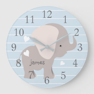 Personlig Blue Grått Elephant Nursery Wall Clock Stor Klocka