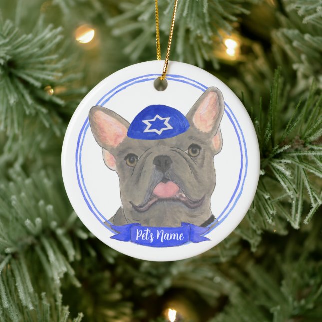 Personlig Blue Grått Frenchie Hanukkah Julgransprydnad Keramik (Träd)