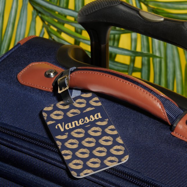 Personlig Blue Guld Glitter Läppar Elegant Bagagebricka (Framsida Insitu 1)