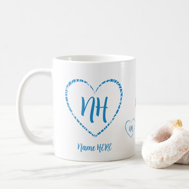 Personlig Blue Heart-diagram, Monogram och Namn Kaffemugg (Med munk)
