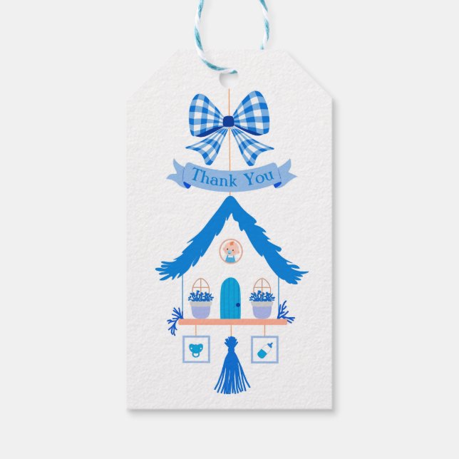 Personlig Blue House Tack Baby Shower Presentetikett (Baksidan)
