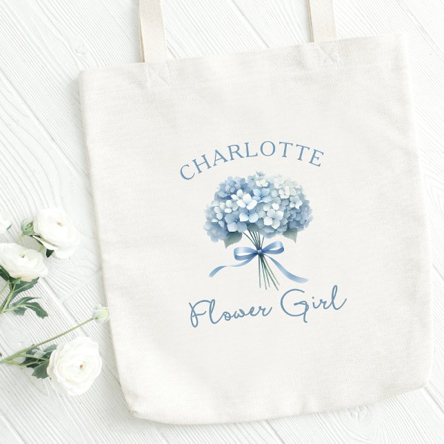 Personlig Blue Hydrangea Bow Blommigt Flower Girl Tygkasse (Make her feel special! Customize this charming hydrangea flower girl tote—perfect for your big day!)