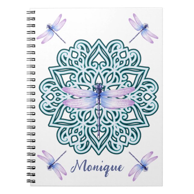 Personlig Blue Lila Mandala Dragonfly White Anteckningsbok (Framsidan)