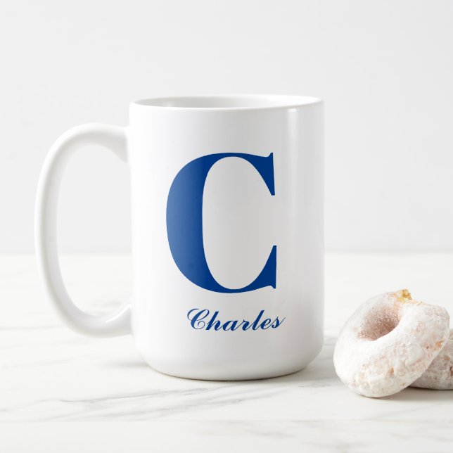 Personlig Blue Monogram Initial och Namn Kaffemugg (Med munk)