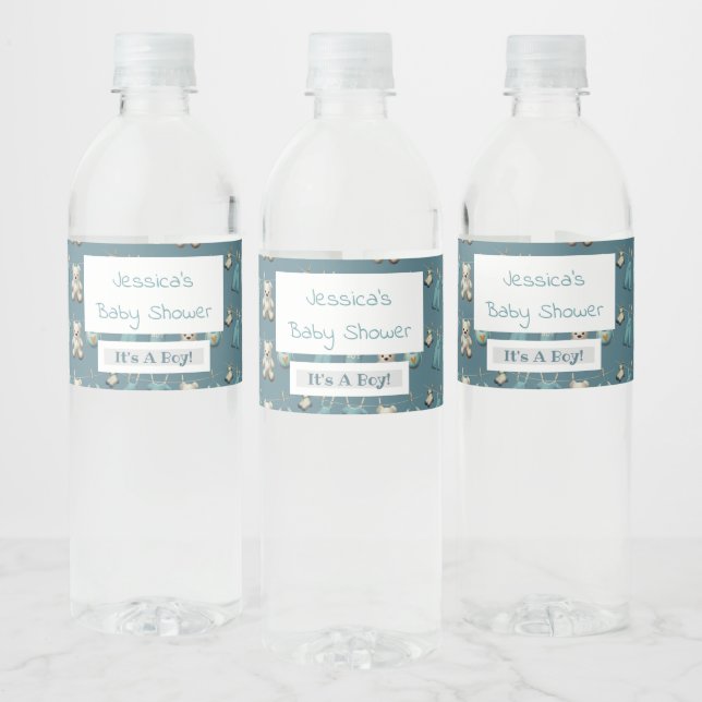 Personlig Blue Nalle Boy Baby Shower Vattenflaskor Etikett (Flaskor)