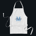 Personlig Blue namn monogram apron för kvinnor Förkläde<br><div class="desc">Personlig namn monogramplatta | Blått och vitt. Elegant med monogrammet BBQ/för manar kök,  kvinnor och barn. Skripttypografi av snyggtens chic,  inledande brev. Initierade Barbecue/bakande aprons in khaki beige/standards white and gult. Long och kort. Gör en till mamma,  mor,  hustru,  moster,  mormor,  dotter,  flickvän osv.</div>