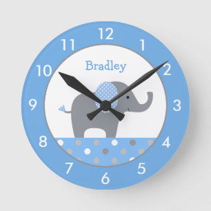 Personlig Blue och Grått Elephant Nursery Round  Rund Klocka