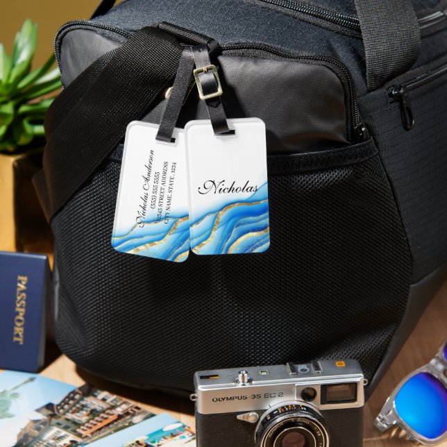 Personlig blue och guld bagagemärke bagagebricka (Fram & Baksida)