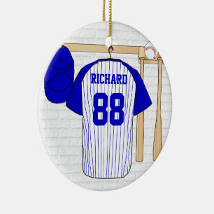 Personlig Blue och White Baseball Jersey Julgransprydnad Keramik