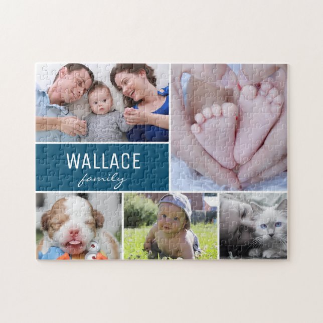 Personlig Blue Photo Collage Family Pussel (Horisontell)