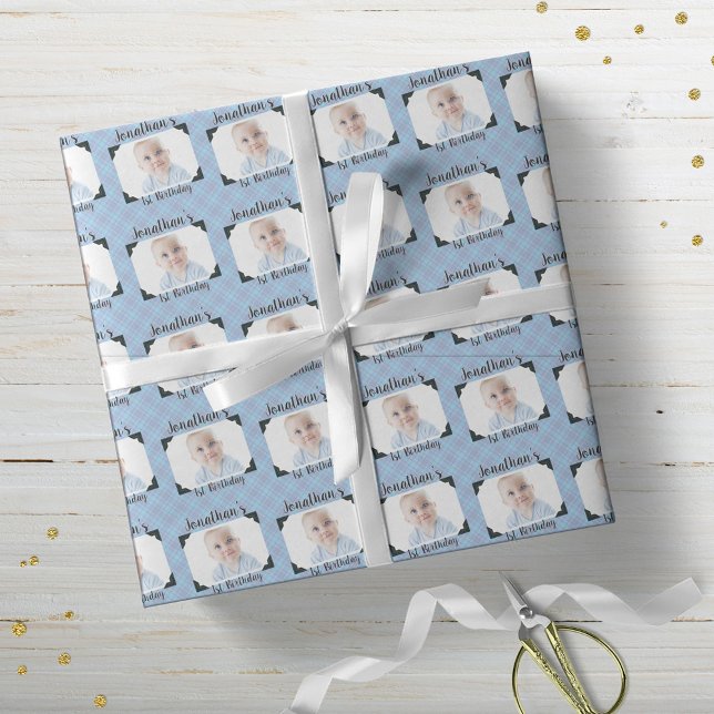 Personlig Blue Play Baby Birthday Photo Presentpapper (Skapare uppladdad)