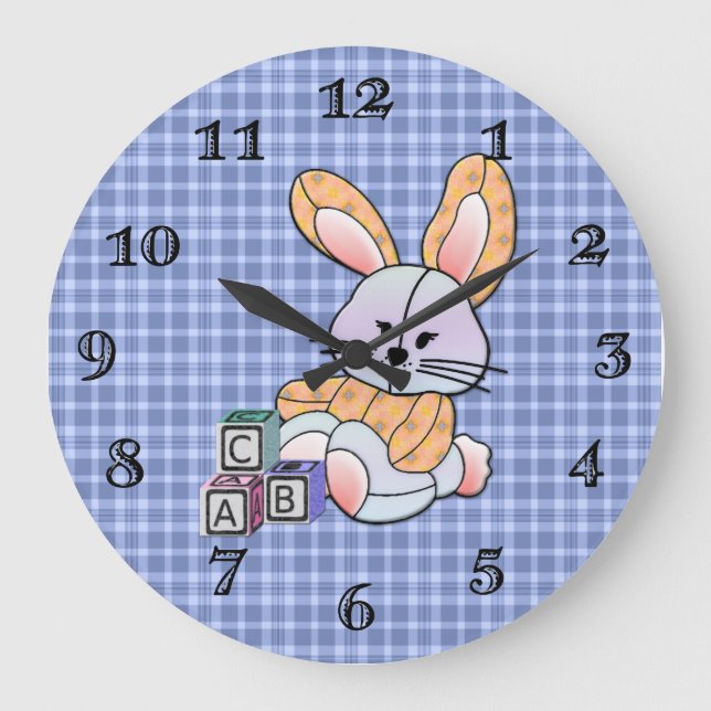 Personlig Blue Play Nursery Art - Bunny Stor Klocka (Framsida)