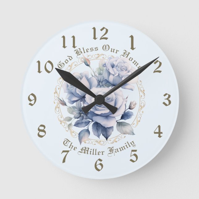 Personlig Blue Ro Clock Välsigna dig - vårt hem Rund Klocka (Framsida)