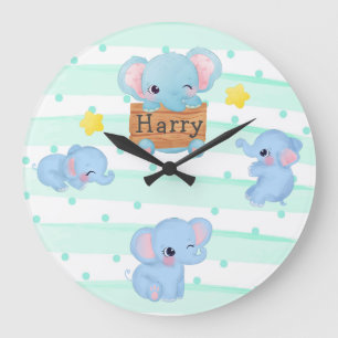 Personlig Blue Rosa Baby Elephant Nursery Kids Stor Klocka