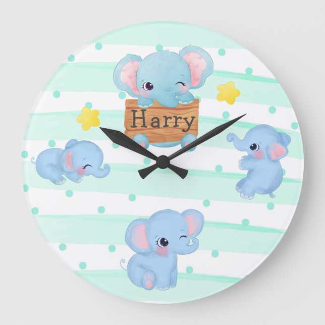 Personlig Blue Rosa Baby Elephant Nursery Kids Stor Klocka (Framsida)