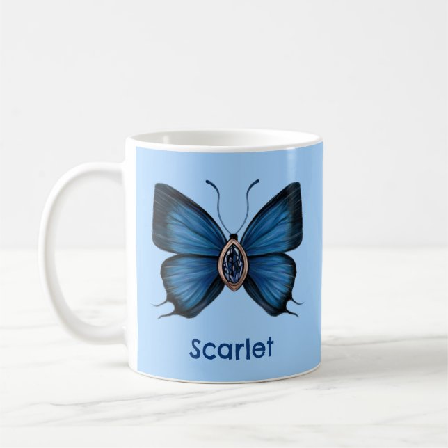 Personlig Blue Sapphire Butterfly Gemstone Kaffemugg (Vänster)