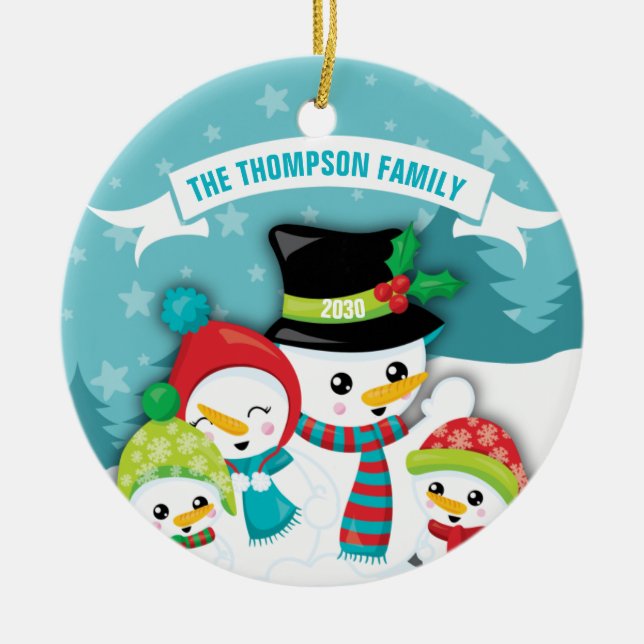 Personlig Blue Snögubbe-familjens julkeramik Julgransprydnad Keramik (Framsidan)