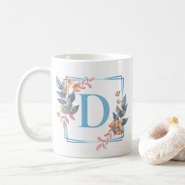 Personlig Blue Square Blommigt Gräns Monogram Mu Kaffemugg