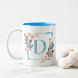 Personlig Blue Square Blommigt Monogram Gräns Två-Tonad Mugg