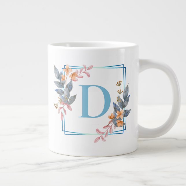 Personlig Blue Square Flower Gräns Monogram Jumbo Mugg (Höger)