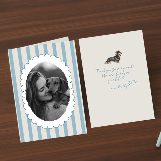 Personlig Blue Stripe Pet Photo Dachshund Tack Kort (Send many thanks with a personalized touch! )