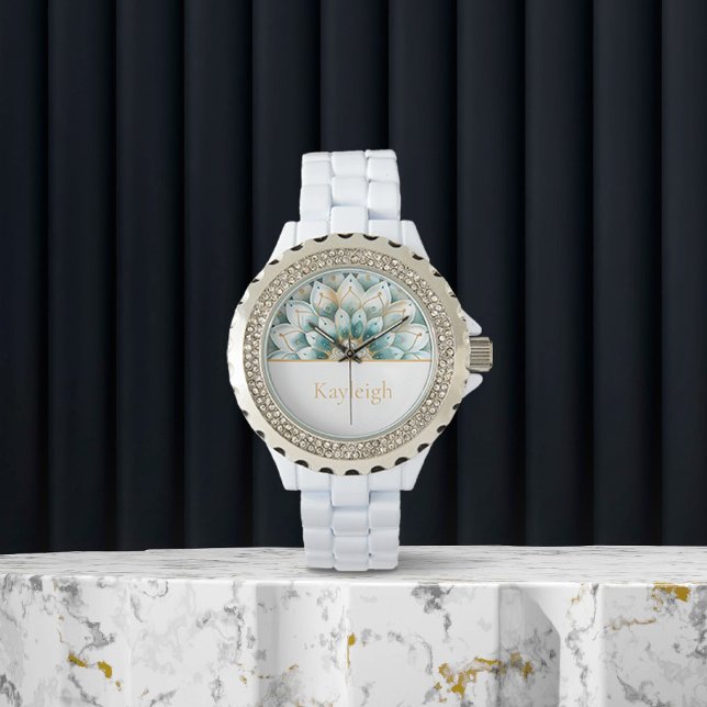 Personlig Blue Teal Guld Blommigt Watch Armbandsur (Skapare uppladdad)