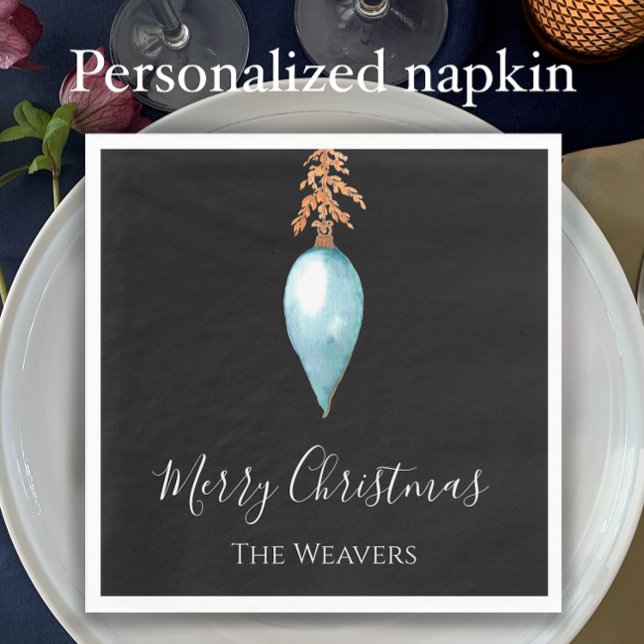 Personlig Blue Watercolor Bauble jul Pappersservett (Add name. Customize text. Unique watercolor Christmas bauble. Modern simple blue holiday napkin.)