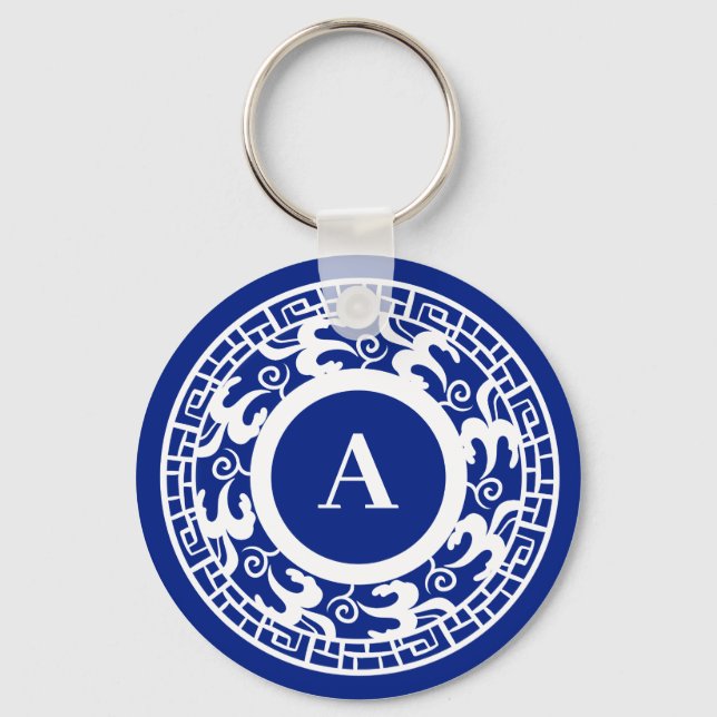 Personlig Blue White Chinoiserie Chic Monogram Nyckelring (Framsida)