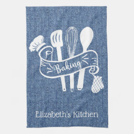 Personlig Blue White Faux Denim Baking Utensil Kökshandduk