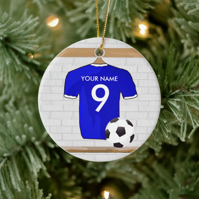 Personlig Blue White Football Ocer Jersey Julgransprydnad Keramik (Träd)