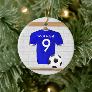 Personlig Blue White Football Soccer Jersey Julgransprydnad Keramik