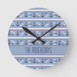 Personlig Blue White Nautical Anchors Rund Klocka