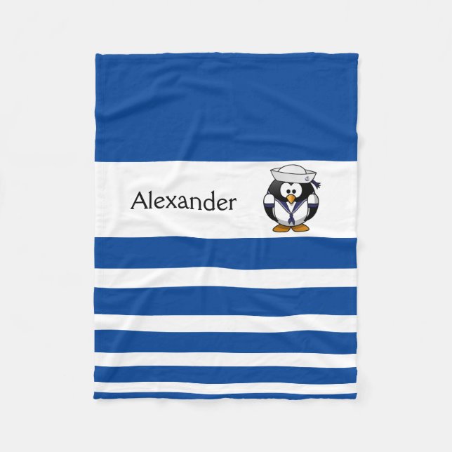 Personlig Blue & White Stripe Penguin Sailor Fleecefilt (Framsidan)