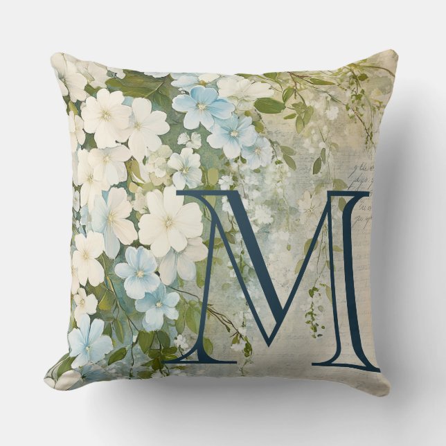 Personlig Blue White Watercolor Flowers Kudde (Framsida)