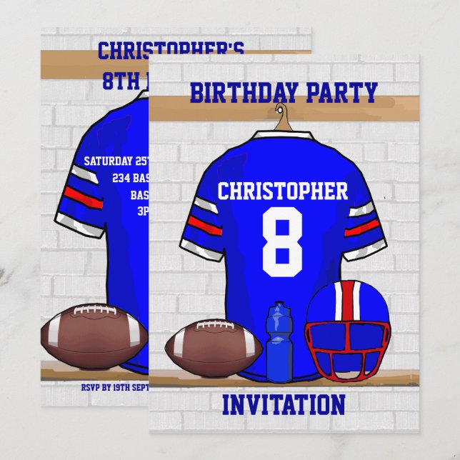 Personlig Blue WR Football Jersey Birthday Inbjudningar (Fram/baksida)