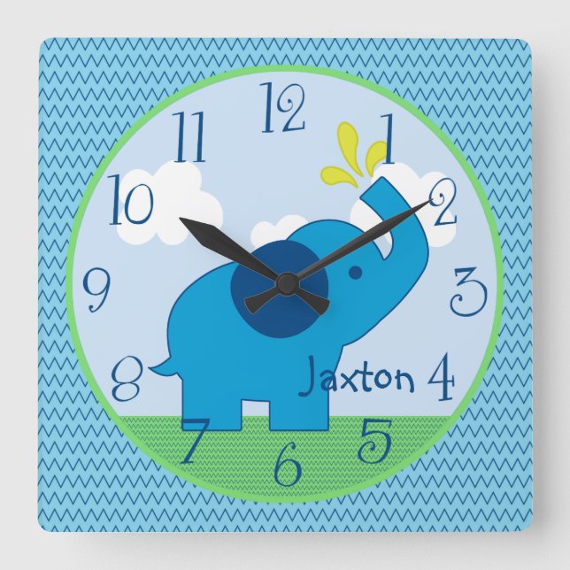 Personlig Blue Zig Zag Elephant Nursery Clock Fyrkantig Klocka (Framsida)