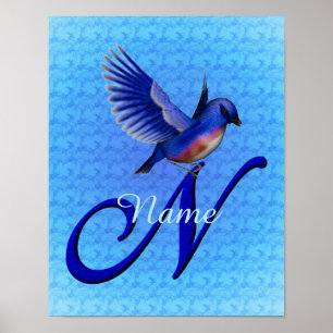 Personlig Bluebird Monogram Bokstav N Poster