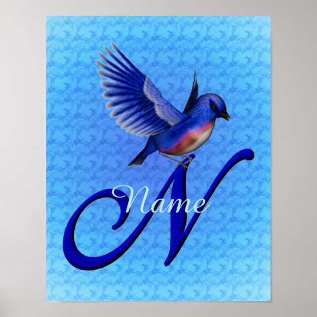 Personlig Bluebird Monogram Bokstav N Poster (Framsidan)